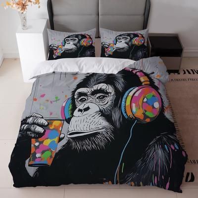 TEMU 3pcs Black And White Monkey With Headphones Bedding Set + Colorful (1duvet Cover + 2 Pillowcases, Without Core) - Ideal For Modern Bedroom Decor