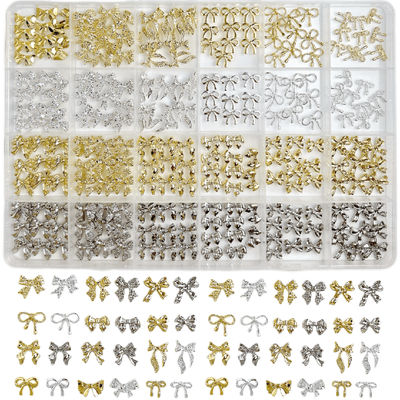 TEMU Of Golden And Silvery Mix Styles Ribbon Bow Nail Art Decorations Simple And Light Luxury Alloy Nail Accessories Materials Box Di