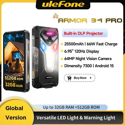 Ulefone Armor 34 Pro 5G AI 25500mAh Rugged Phone Smartphone Android 15 32GB+512GB Built-in DLP Projector 6.95" NFC Mobile Phone