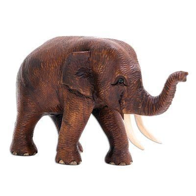 Savannah Trek,'Hand Crafted Teak Wood Elephant Sculpture (Left)'