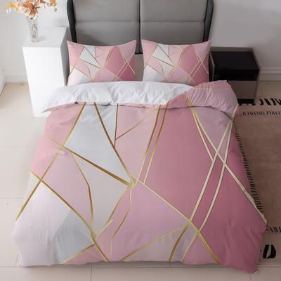 TEMU 3pcs Modern Geometric Pink And White Bedding Set With Golden Lines (1duvet Cover + 2pillowcase, Without Core) - Bedroom Decor