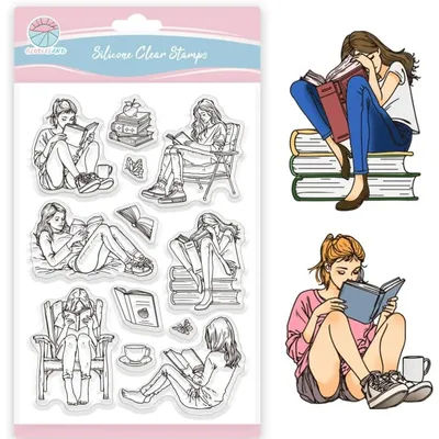 Lady and Books Clear Stamps Book Reading Silicone Clear Stamp Books Theme Transparent Stamps for DIY Scrapbooking and Cards
