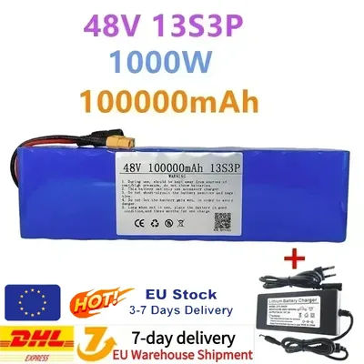 48V 100Ah 1000W 13S3P XT60 48V lithium-ion battery pack 100000mAh, suitable for 54.6V scooter with BMS+charger. The scooter type