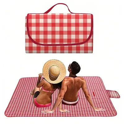 Picnic Blanket 140×190cm Beach Mat Washable Lightweight with Handle Red Checkered for Hiking Travelling Outdoor Camping Parks