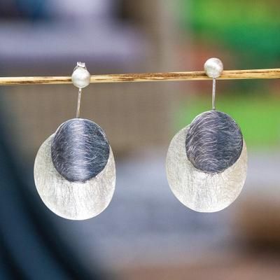 Moon Lullaby,'Brushed Sterling Silver Drop Earrings with Moon Details'