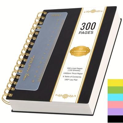 TEMU A5 Notebook, 300 Pages Wirebound Spiral Notepad For Writing, With Bookmark Ruler, 100gsm College Ruled Paper, No Bleed, Pvc Waterproof Cover, For School, X