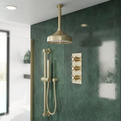 Randolph Morris Tranquil Rainfall Shower Set with Tranquil Rainfall Shower Head, Metal Cross Valve, Grab Bar and Round Handshower - Brushed Brass RMAS-3TMC-RHC-HSW-BB