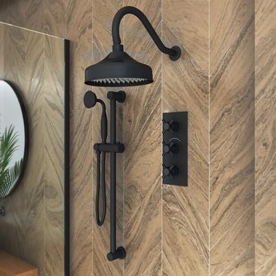 Randolph Morris Tranquil Rainfall Shower Set with Tranquil Rainfall Shower Head, Metal Cross Valve, Grab Bar and Gooseneck Handshower - Matte Black RMAS-3TMC-RRHGN-HSR-MB