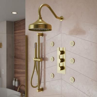 Randolph Morris Tranquil Rainfall Thermostatic Shower Set with Round Showerhead, Round Handshower, Round Valve, and 6 Round Body Jets - Brushed Brass RMAS-3TR-RRHGN-HSW-6BSR-BB