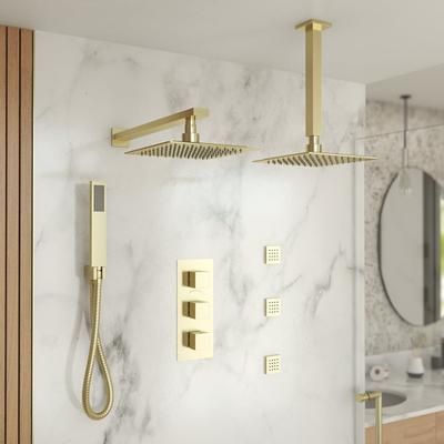Randolph Morris Tranquil Rainfall Shower Set with 2 Ceiling Rainfall Square Shower Heads, Square Valve, Grab Bar, Square Handshower and 3 Square Body Sprays- Brushed Brass RMAS-3TSQ-2SQHC-HSQ-3BSQ-BB