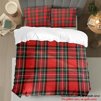 TEMU Red Tartan Pattern Print Duvet Cover Set - 2/3pcs, 100% Polyester, Machine Washable, Bedroom Or Set Includes 1 Duvet Cover + 1/2 Pillowcases, Insert Not Included