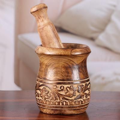 'Hand-Carved Wood Mortar and Pestle with Floral Leaf Theme'