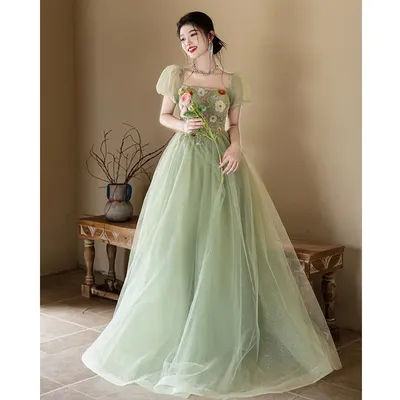 Robe de soirée brodée de fleurs pour femmes, vert menthe, col carré, mode forêt légère, robe de spectacle d'hôte de luxe, nouvelle collection été