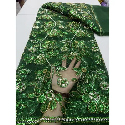 African Sequins Lace Fabric Luxury Embroidery Green Beaded Mesh Lace 2025 Hot Sale For Wedding Dress And Clothing Women Fabric