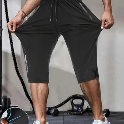 TEMU Men' Feeling Elastic Sports Three-quarter Pants, Lightweight, Comfortable, Quick-drying, Breathable Fitness Training Pants For Outdoor Leisure.