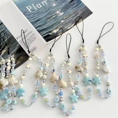 Blue Star Seashell Beaded Phone Strap Cute Charm Chain Phone Lanyard Keychain Woman Girl Bag Pendant DIY Chain For iPhone Case