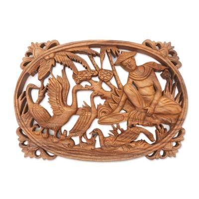 Feeding Ducks,'Hand Carved Suar Wood Wall Panel Farmer Traditional Bali'