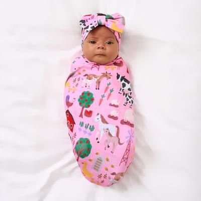 Pink Farm Fam Swaddle & Luxe Baby Girl Soft & Stretchy Bamboo Bow Headbands Set - OSFA