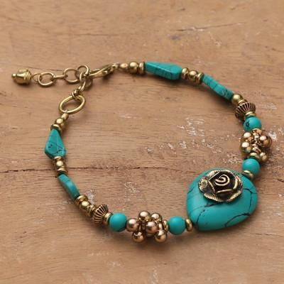 Paradisial Charmer,'Antiqued Brass and Turquoise Resin Rose Pendant Bracelet'