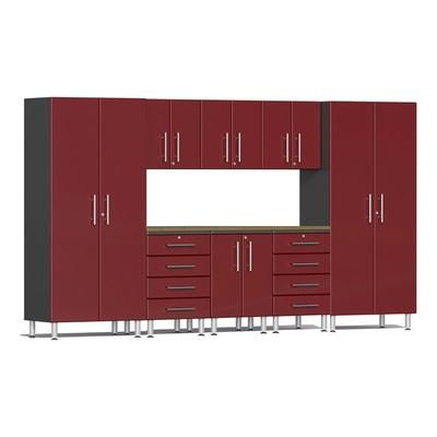 Ulti-MATE Garage 9-Piece Garage Cabinet Kit with Bamboo Worktop in Ruby Red Metallic
