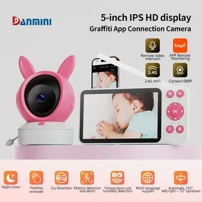 Danmini Smart Baby Monitor Tuya App Controllo Videocitofono remoto Schermo a colori HD da 5 pollici Monitor per visione notturna a infrarossi per il bambino
