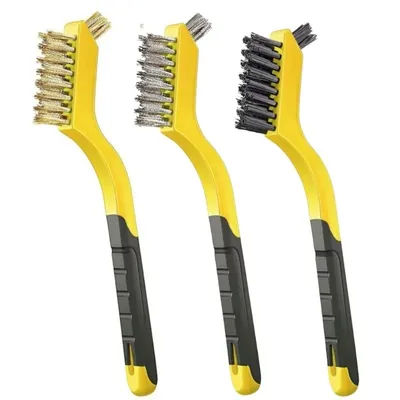 Wire Brush Set Nylon/Brass/Stainless Steel Bristles with Curved Handle Grip for Rust, Dirt & Paint Scrubbing Deep Cleaning