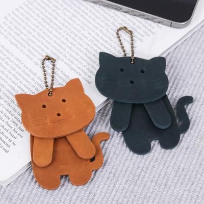 Charming Kitties,'Two Brown and Teal Leather Cat Keychains with Brass Chains'