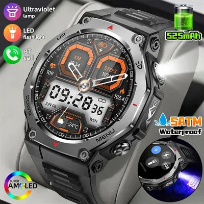 LIGE 2025 nouvelle montre intelligente militaire avec lampe de poche lampe UV hommes 5ATM étanche 525mAh batterie Sports de plein air Fitness Smartwatch