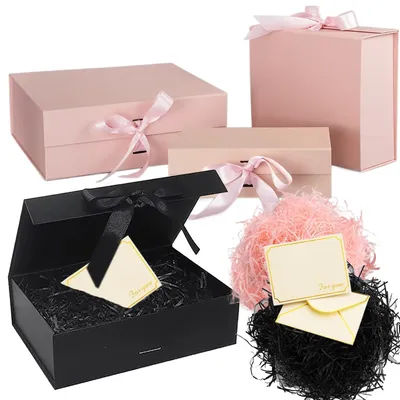 Magnetic Gift Box Kit with Lafite Grass and Greeting Cards Black / Pink Holiday Party Valentine's Day Gifts Folding Box TMZ