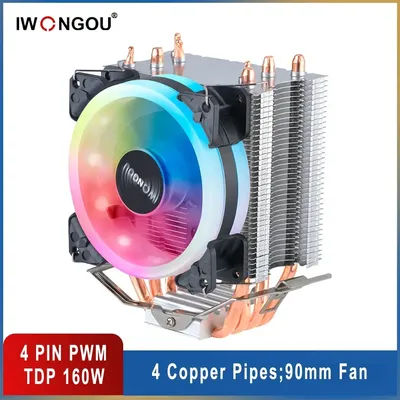 IWONGOU X99 Processor Cooler Am4 4 Heatpipes Radiator IWONGOU 4Pin PWM Cooling CPU 90mm RGB Fan for Intel Lga 2011/1366/1700/AMD
