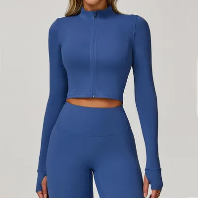 Women Outdoor Sports Long Sleeved Slim Yoga Clothes Quick Dry Zipper Cardigan Stand Up Collar Jacket Running Fitness Jacket Top