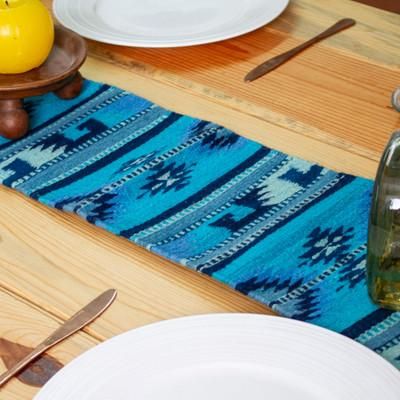 Banquet in Caribbean Blue,'Traditional 100% Wool Table Runner in Caribbean Blue Hues'