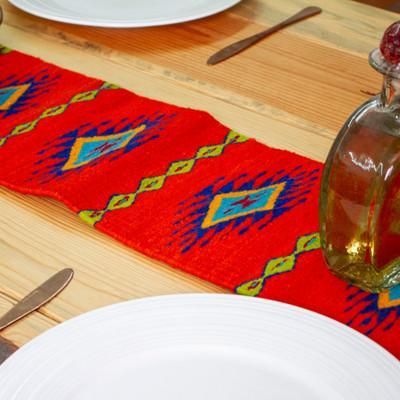 'Handwoven Diamond-Patterned Scarlet 100% Wool Table Runner'