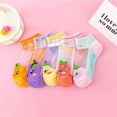 5 Pairs of Kidsren's Socks with Fruit Pattern Bow Mesh Breathable Glass Silk Summer Versatile Mid-Calf Socks for Girls and Babies, Suitable for Daily Life