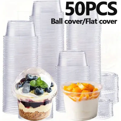 50PCS Dessert Cups Bowls Container with Dome/Flat Lids Disposable Plastic Cups Ice Cream Drinks Snacks Desserts Parties Birthday
