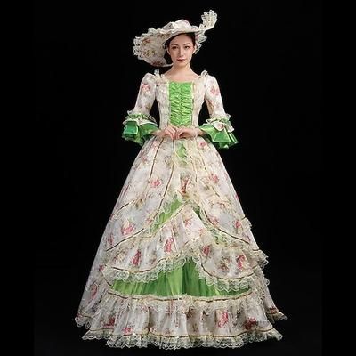 Vintage Rococò Rinascimento Maxi Vestito Normale A sbuffo Principessa regina Elisabetta Pieghettato Con Volant Principessa Collo quadrato Costume Per donna Halloween Carnevale Mascherata Feste