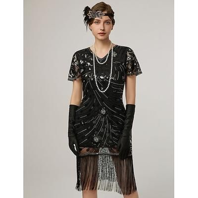 Anni Ruggenti Anni 1920 Lunghezza al ginocchio Abito Flapper Abito da cocktail Maniche corte Il grande Gatsby Ragazza Flapper Paillettes Frange Scollo a V Costume Per donna Natale Carnevale Festa