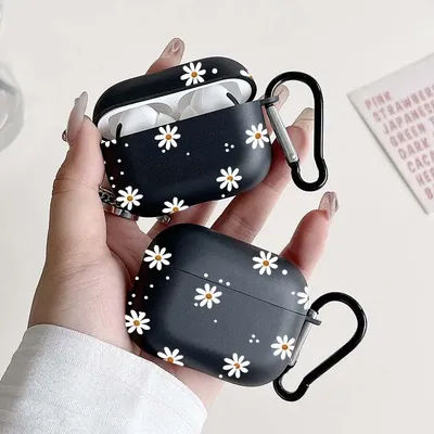 Flower Pattern Wireless Bluetooth Case for AirPods 4 3 1/2 AirPod Pro and Pro2 Case TPU Black Headset Protective Cover with Hook