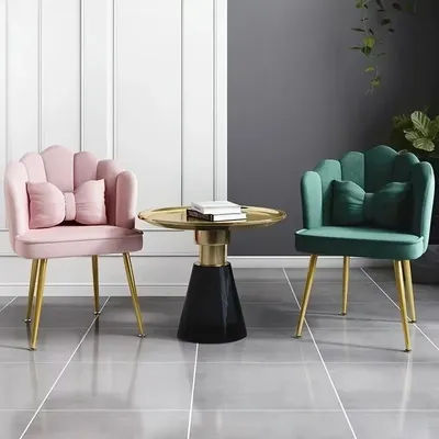 Chaise de salle à manger en velours avec oreiller à nœud, chaises de vanité en forme de coquille avec pieds en métal doré, hauteur réglable pour salon et salle à manger