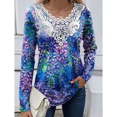 Blusa da donna tunica con pizzo e splicing collo a V maniche lunghe grafica floreale piante vintage casual girocollo tops regolari uscita weekend stampa patchwork in pizzo bianca rosa viola verde