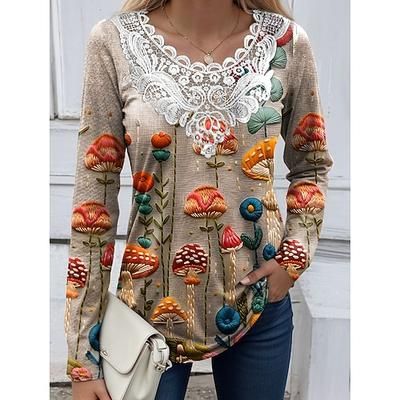 Blusa da donna tunica con pizzo e splicing collo a V maniche lunghe grafica floreale piante vintage casual girocollo tops regolari uscita weekend stampa patchwork in pizzo bianca rosa viola verde