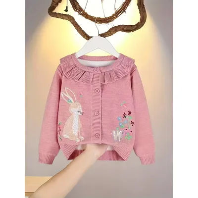Cardigan pour enfants fille lapin brodé feuille de Lotus col rond filles pull haut tricoté