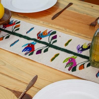 'Spring-Themed Colorful 100% Wool Table Runner from Mexico'