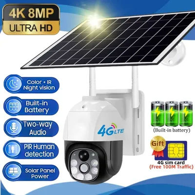 5MP 4G Solar Camera Built-in Battery PIR Motion Detection Tracking Outdoor PTZ Smart Security IP Surveillance Camera V380 Pro