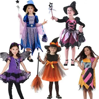 Girls Purple Witch Costume Set Halloween Birthday Party Fancy Dress with Mesh Details Witch Hat & Broom