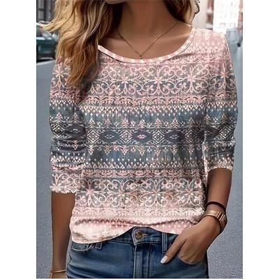 T-shirt da donna a manica lunga a girocollo tunica grafica a scacchi vintage elegante classica tondo collo tops regolari stampa quotidiana rosa rossa marrone autunno