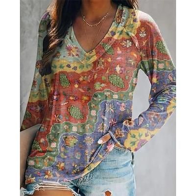 T-Shirt da Donna con Collo a V e Maniche Lunghe Grafica Casuale Fiori Piante Elegante Bohemia Vintage Stile Regolare Tops Quotidiani Uscita Weekend Stampa Marrone Verde Erba Rossa Viola Arancione