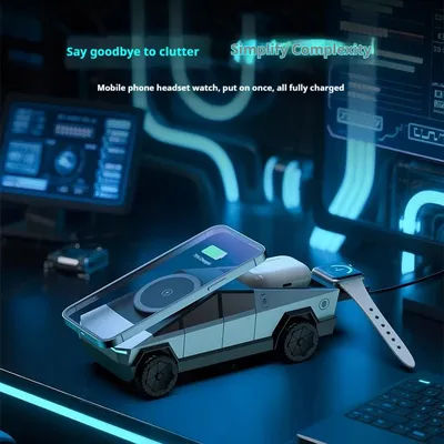 Cybertruck Desktop Qi2 Charger Caricabatterie wireless multifunzionale 3 in 1 per iPhone (15 W), Iwatch (5 W), Airpods (2,5 W) Ricarica