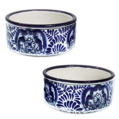 Puebla Kaleidoscope,'2 Blue and White Talavera Style Ceramic Dessert Bowls'