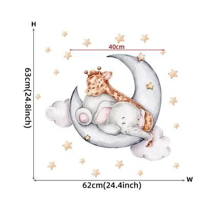 Adorable Cartoon Teddy Bear Sleeping On Moon & Stars Wall Stickers: Perfect Baby Room Decor Ele And Giraffe